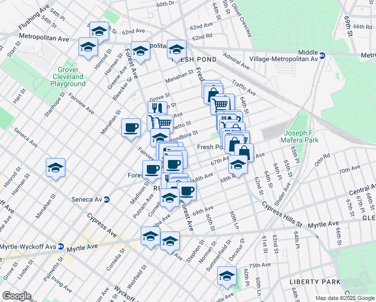 map of restaurants, bars, coffee shops, grocery stores, and more near 59-46 Madison Street in Queens
