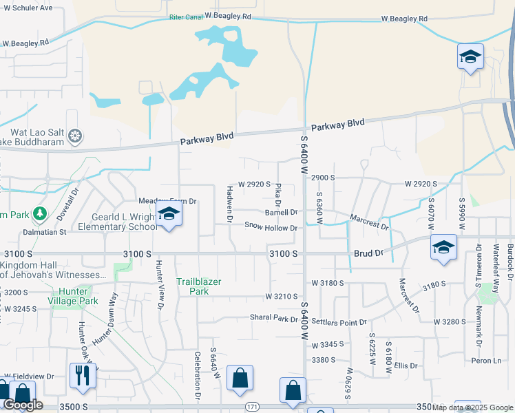 map of restaurants, bars, coffee shops, grocery stores, and more near 6521 Bamell Drive in West Valley City