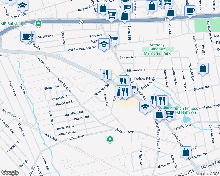 map of restaurants, bars, coffee shops, grocery stores, and more near 6 Quaker Court in West Babylon