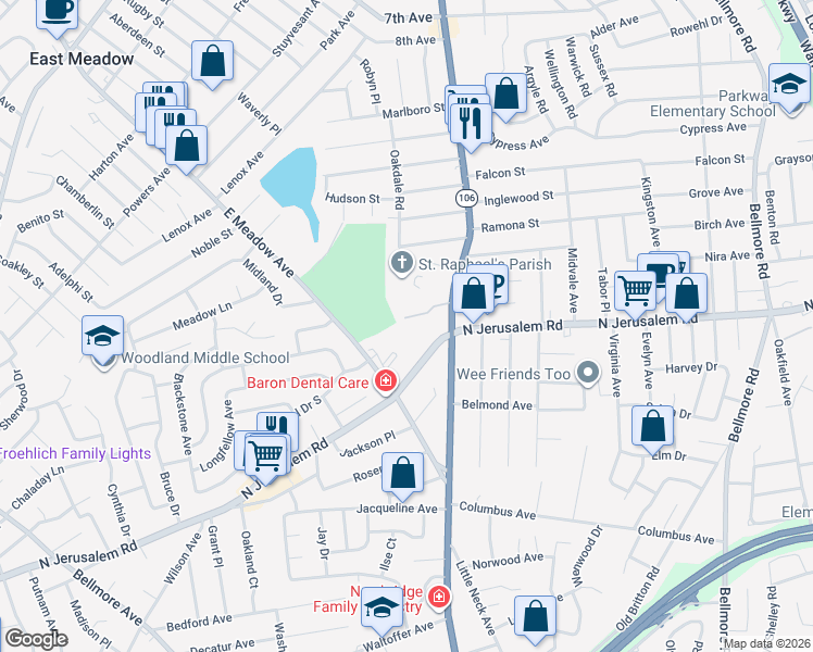 map of restaurants, bars, coffee shops, grocery stores, and more near 27 Newbridge Road in East Meadow