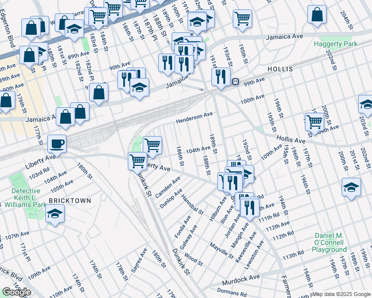 map of restaurants, bars, coffee shops, grocery stores, and more near 104-12 187th Street in Queens