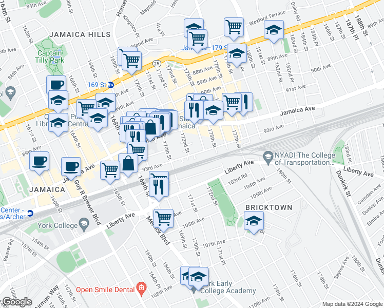 map of restaurants, bars, coffee shops, grocery stores, and more near 9307 Atari Lane in Queens