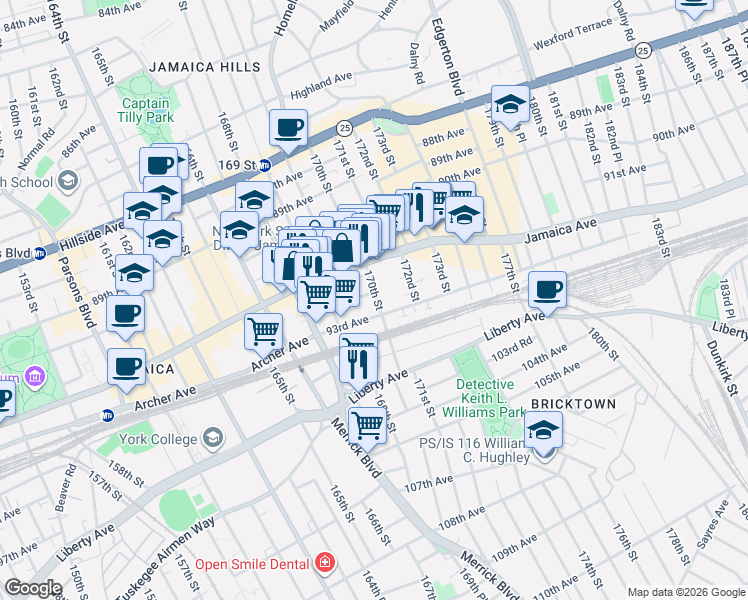 map of restaurants, bars, coffee shops, grocery stores, and more near 168-65 93rd Avenue in Queens