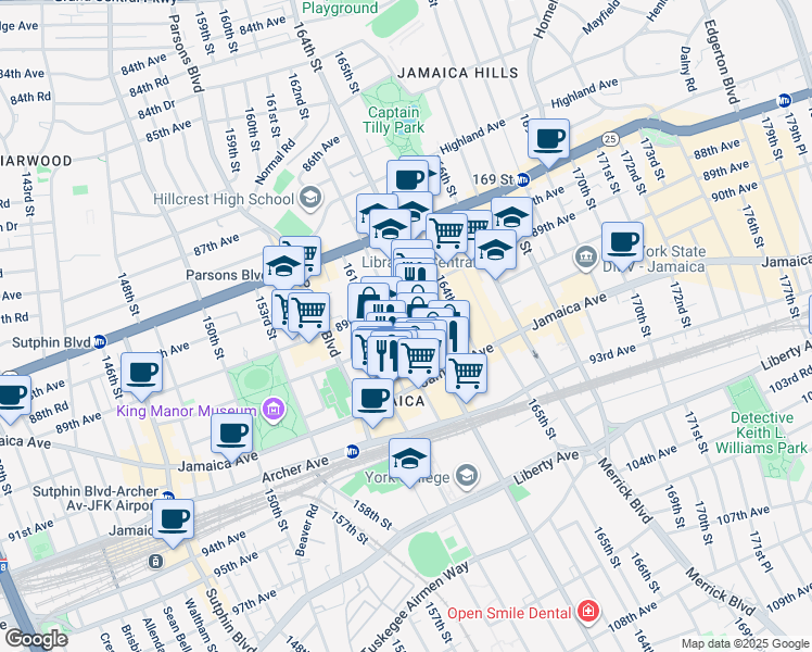 map of restaurants, bars, coffee shops, grocery stores, and more near 89-44 162nd Street in Queens
