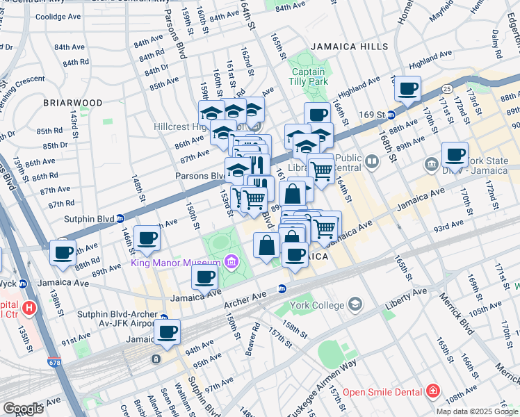 map of restaurants, bars, coffee shops, grocery stores, and more near 89-14 Parsons Boulevard in Queens