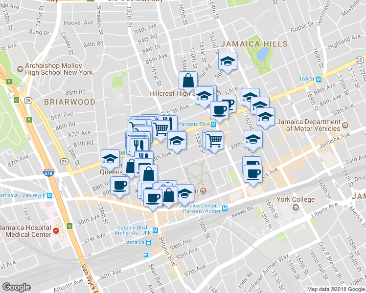 map of restaurants, bars, coffee shops, grocery stores, and more near 150-02 88th Avenue in Queens