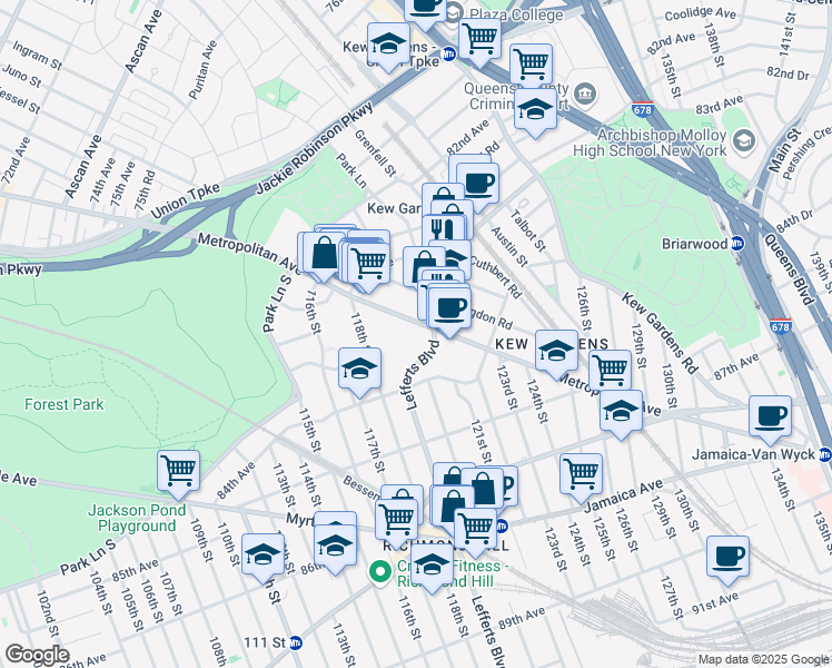 map of restaurants, bars, coffee shops, grocery stores, and more near 83-44 Lefferts Boulevard in Queens