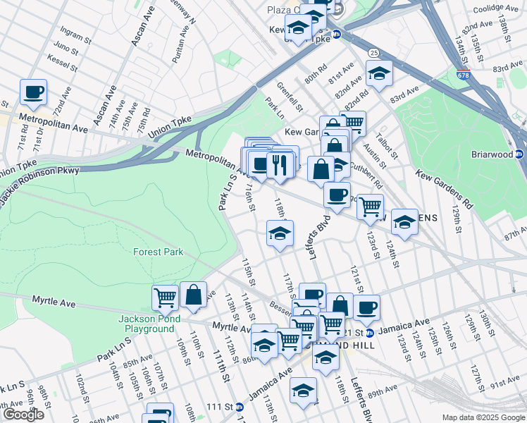map of restaurants, bars, coffee shops, grocery stores, and more near 8331 116th Street in Queens