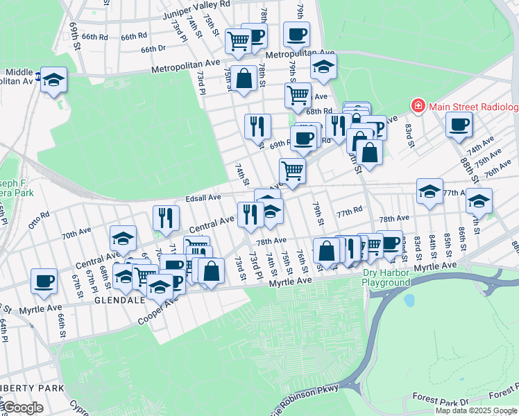 map of restaurants, bars, coffee shops, grocery stores, and more near 74-01 78th Avenue in Queens
