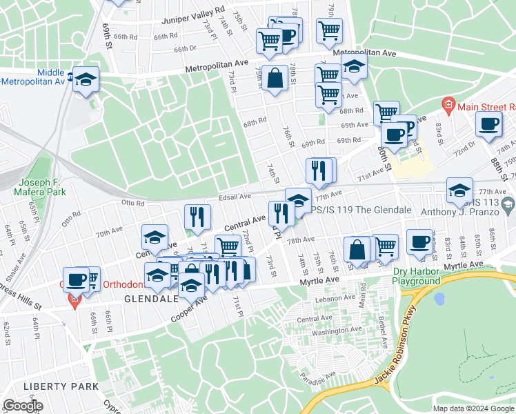 map of restaurants, bars, coffee shops, grocery stores, and more near 70-21 73rd Street in Queens