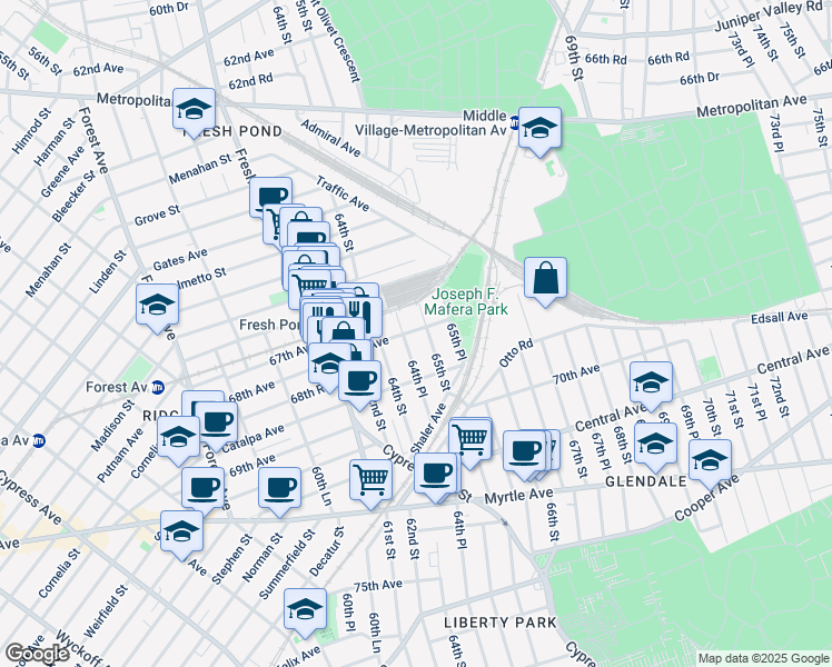 map of restaurants, bars, coffee shops, grocery stores, and more near 68-17 64th Place in Queens