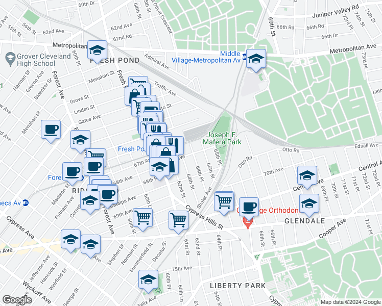 map of restaurants, bars, coffee shops, grocery stores, and more near 62-18 68th Avenue in Queens