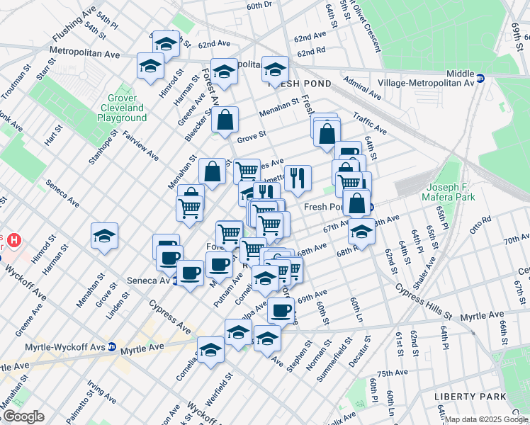 map of restaurants, bars, coffee shops, grocery stores, and more near 66-73 Forest Avenue in Queens