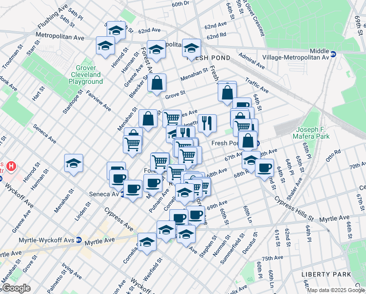map of restaurants, bars, coffee shops, grocery stores, and more near 66-73 Forest Avenue in Queens