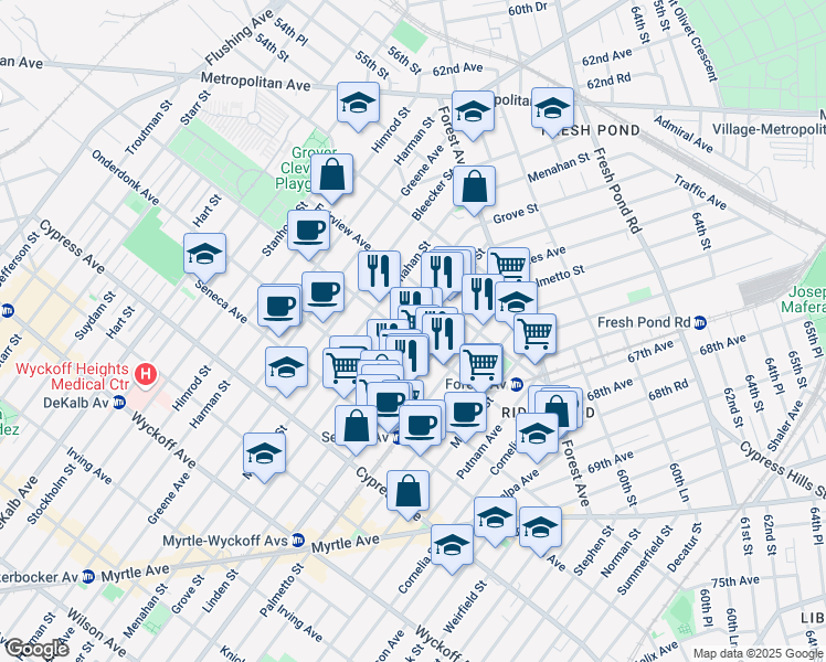 map of restaurants, bars, coffee shops, grocery stores, and more near 663 Woodward Avenue in Queens
