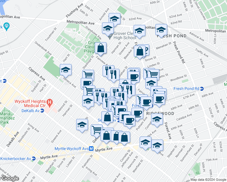 map of restaurants, bars, coffee shops, grocery stores, and more near in Queens
