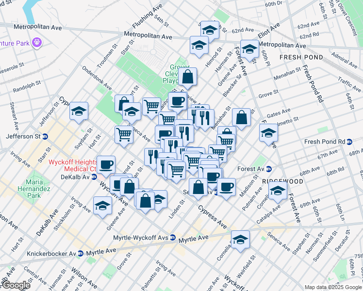 map of restaurants, bars, coffee shops, grocery stores, and more near 18-19 Bleecker Street in Queens