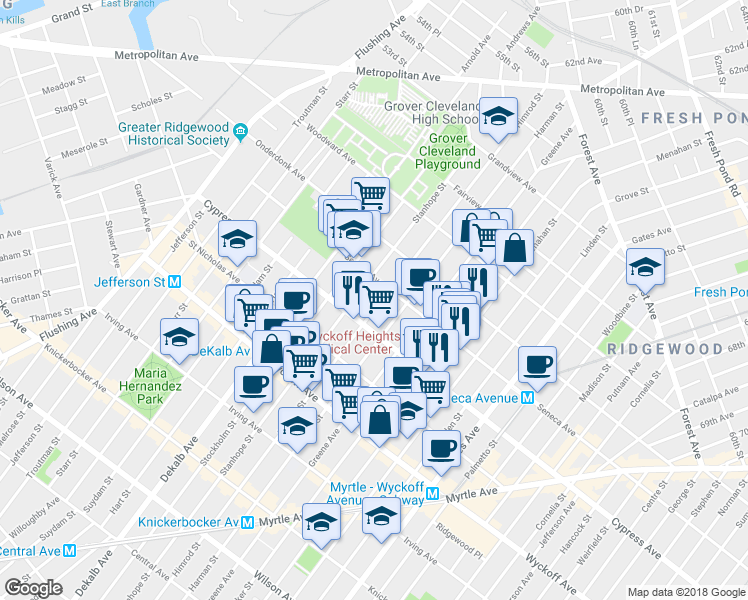 map of restaurants, bars, coffee shops, grocery stores, and more near 17-16 Himrod Street in Queens