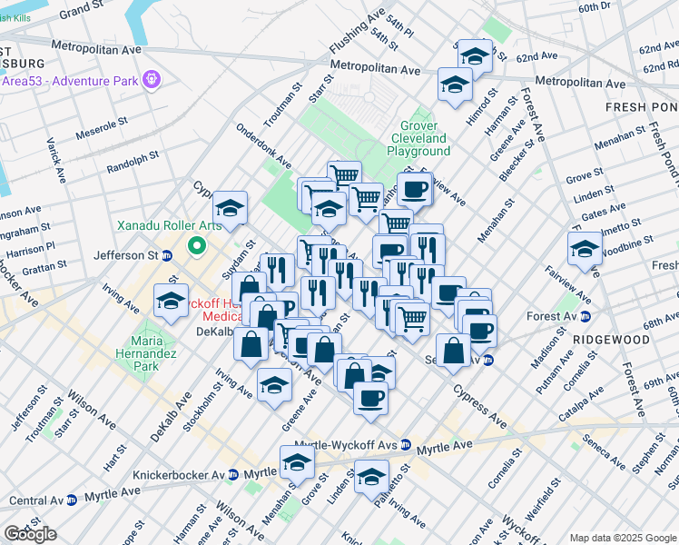 map of restaurants, bars, coffee shops, grocery stores, and more near 17-16 Himrod Street in Queens