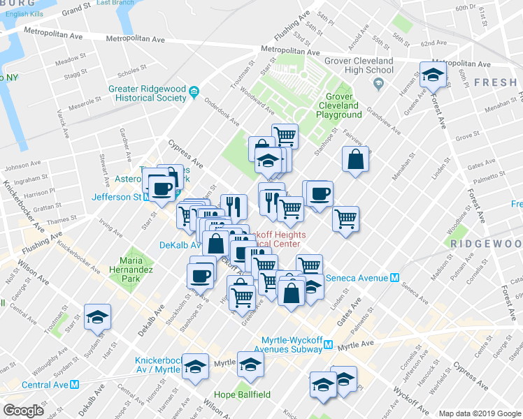 map of restaurants, bars, coffee shops, grocery stores, and more near 418 Stanhope Street in Brooklyn