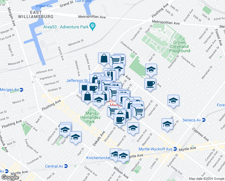 map of restaurants, bars, coffee shops, grocery stores, and more near 404 Suydam Street in Brooklyn