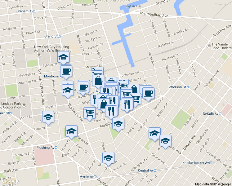 map of restaurants, bars, coffee shops, grocery stores, and more near 12 Harrison Place in Brooklyn