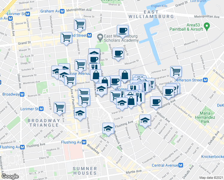 map of restaurants, bars, coffee shops, grocery stores, and more near 14 Seigel Court in Brooklyn