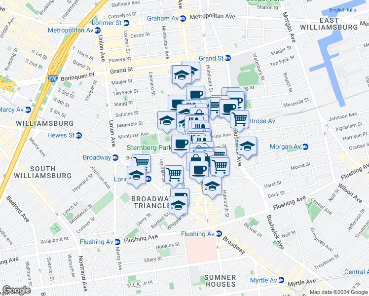map of restaurants, bars, coffee shops, grocery stores, and more near 124 Boerum Street in Brooklyn
