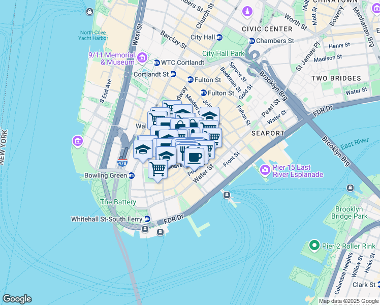 map of restaurants, bars, coffee shops, grocery stores, and more near 5 Hanover Square in New York