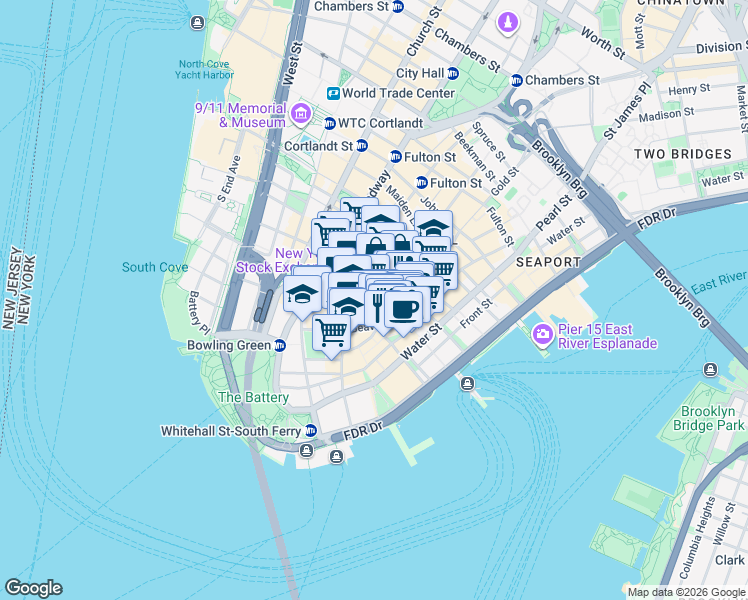 map of restaurants, bars, coffee shops, grocery stores, and more near 5 Hanover Square in New York