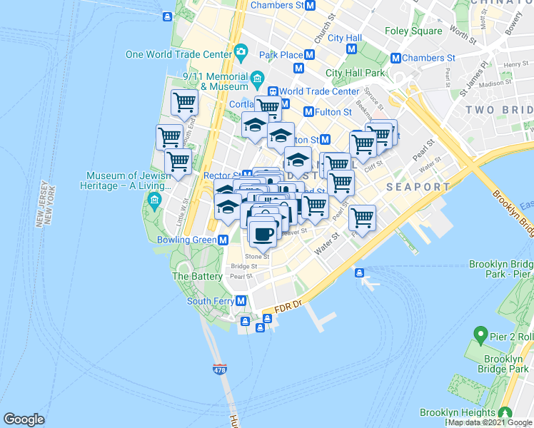 map of restaurants, bars, coffee shops, grocery stores, and more near 60 Broad Street in New York