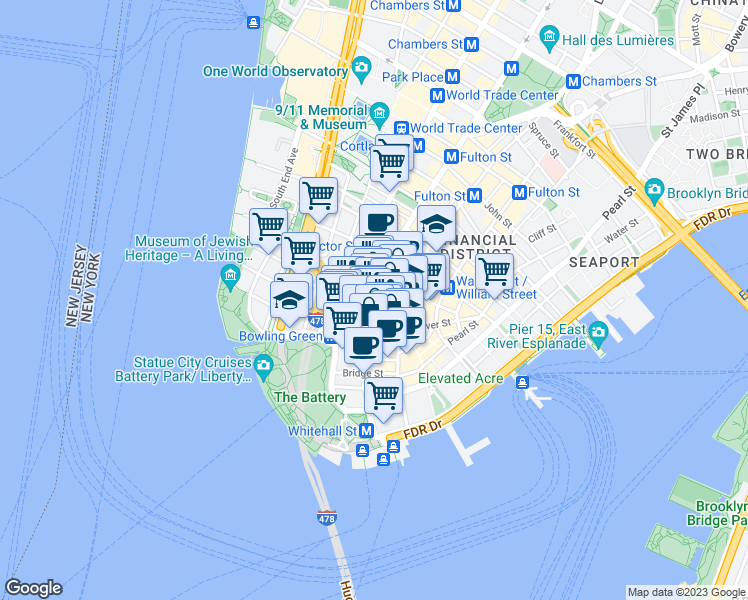map of restaurants, bars, coffee shops, grocery stores, and more near 26 Broadway in New York