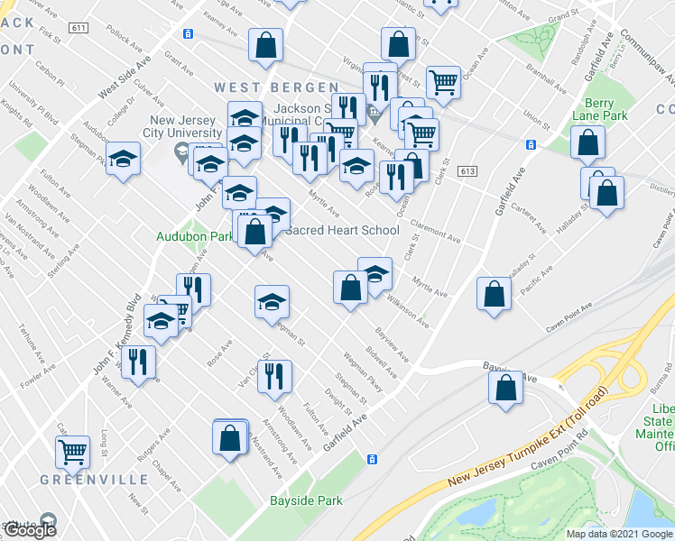 map of restaurants, bars, coffee shops, grocery stores, and more near 114A Bayview Avenue in Jersey City