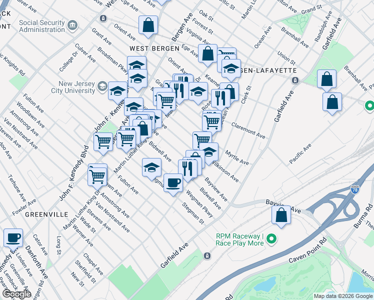 map of restaurants, bars, coffee shops, grocery stores, and more near 114A Bayview Avenue in Jersey City