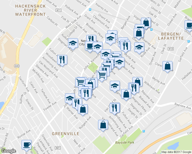 map of restaurants, bars, coffee shops, grocery stores, and more near 224 Dwight Street in Jersey City