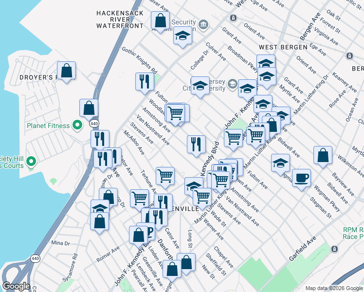 map of restaurants, bars, coffee shops, grocery stores, and more near 283 Van Nostrand Avenue in Jersey City