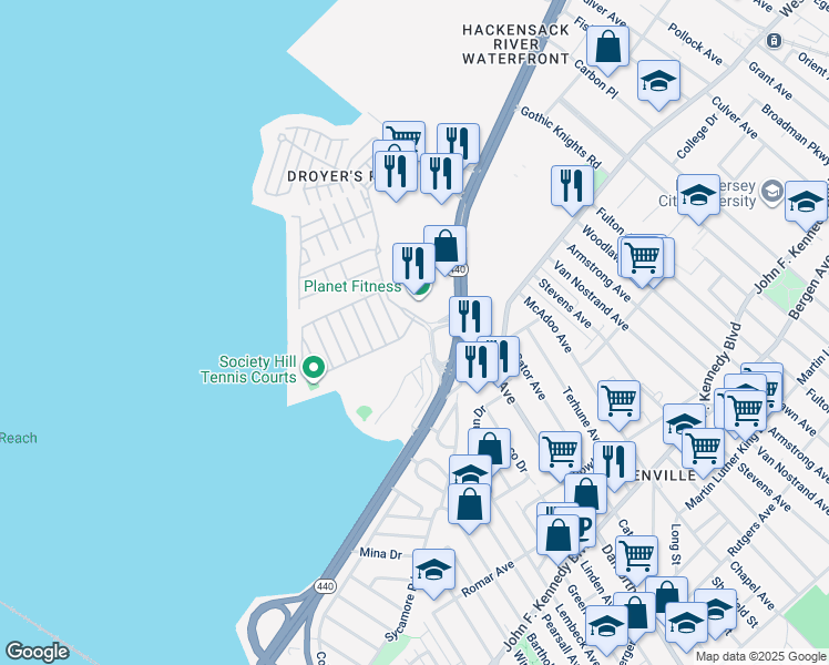 map of restaurants, bars, coffee shops, grocery stores, and more near 12 Cherry Street in Jersey City
