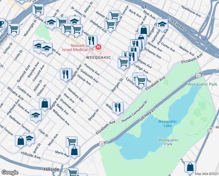 map of restaurants, bars, coffee shops, grocery stores, and more near 1135 Bergen Street in Newark