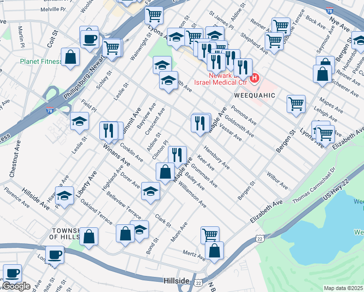 map of restaurants, bars, coffee shops, grocery stores, and more near 174 Keer Avenue in Newark