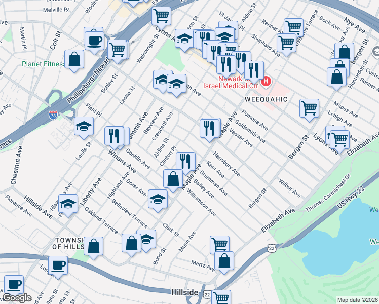 map of restaurants, bars, coffee shops, grocery stores, and more near 174 Keer Avenue in Newark