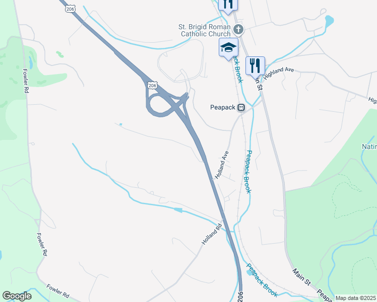 map of restaurants, bars, coffee shops, grocery stores, and more near 3 Brady Drive in Peapack and Gladstone