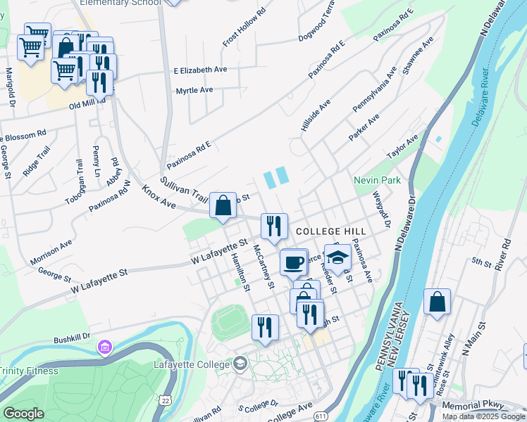 map of restaurants, bars, coffee shops, grocery stores, and more near in Easton