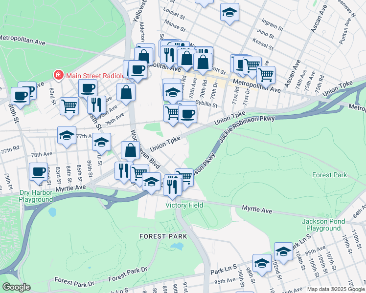 map of restaurants, bars, coffee shops, grocery stores, and more near 90-16 81st Road in Queens