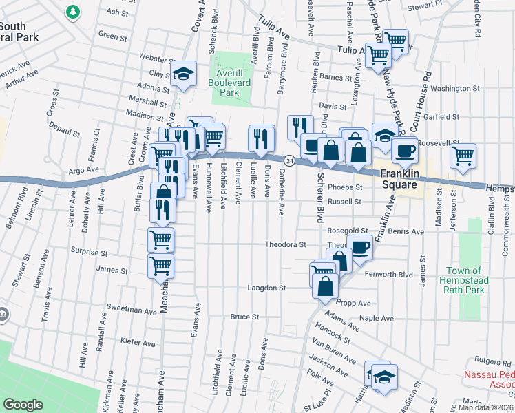 map of restaurants, bars, coffee shops, grocery stores, and more near 100 Doris Avenue in Franklin Square