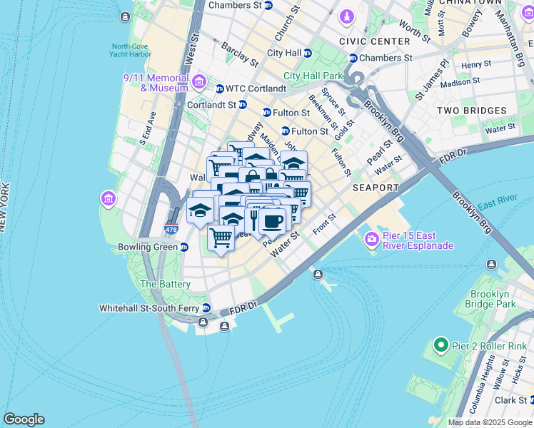 map of restaurants, bars, coffee shops, grocery stores, and more near 19 William Street in New York