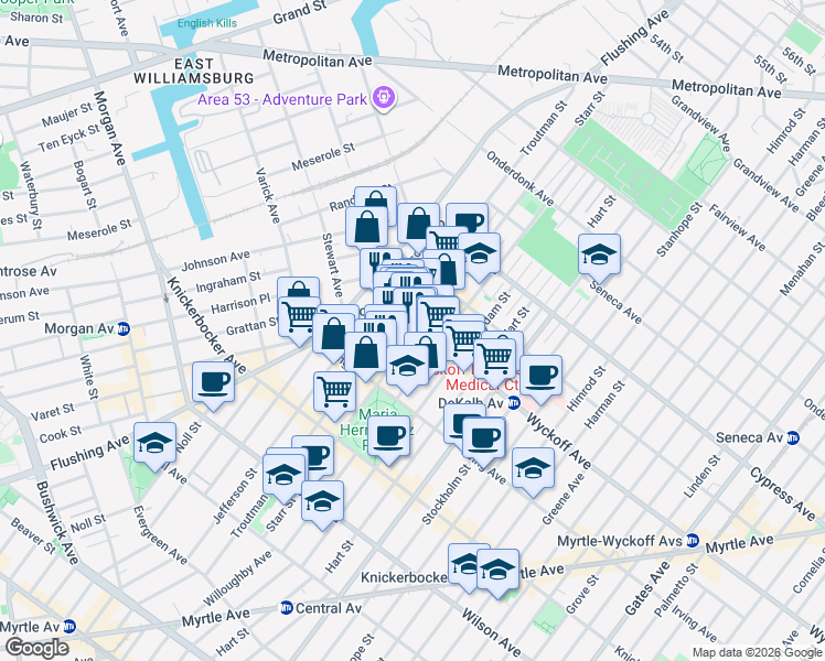 map of restaurants, bars, coffee shops, grocery stores, and more near 229 Starr Street in Brooklyn