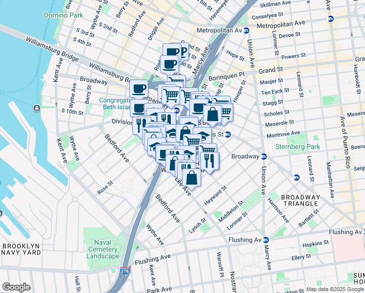 map of restaurants, bars, coffee shops, grocery stores, and more near 214 Keap Street in Brooklyn