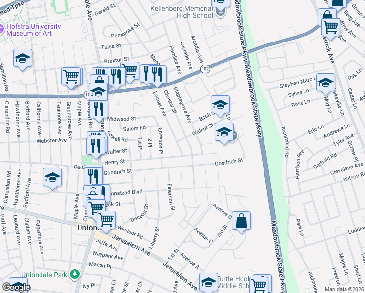 map of restaurants, bars, coffee shops, grocery stores, and more near 447 Locust Avenue in Uniondale