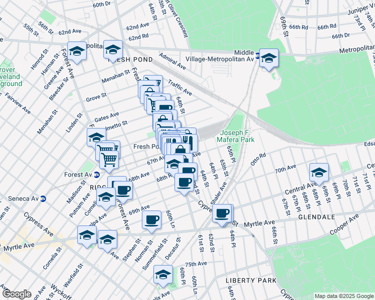 map of restaurants, bars, coffee shops, grocery stores, and more near 6715 Fresh Pond Road in Queens