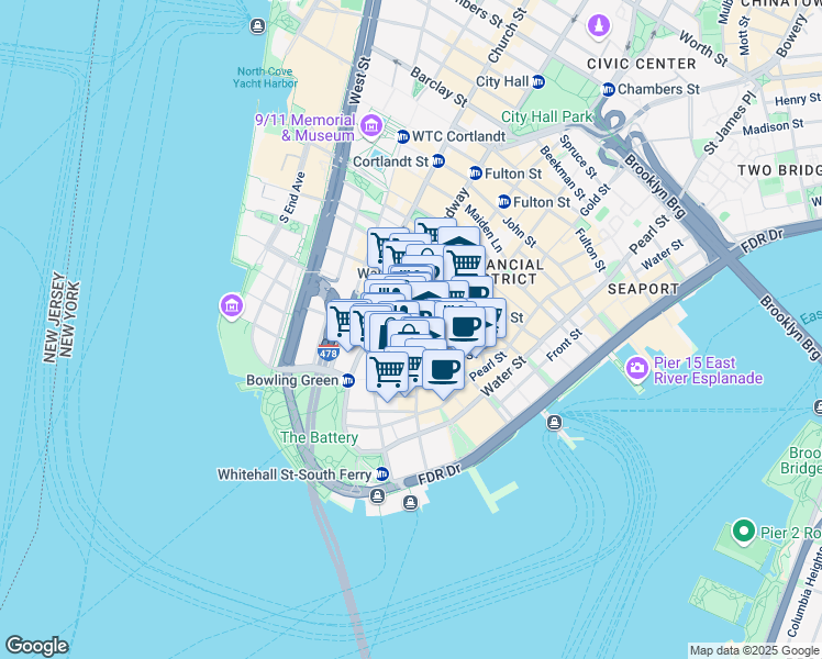 map of restaurants, bars, coffee shops, grocery stores, and more near 60 Broad Street in New York